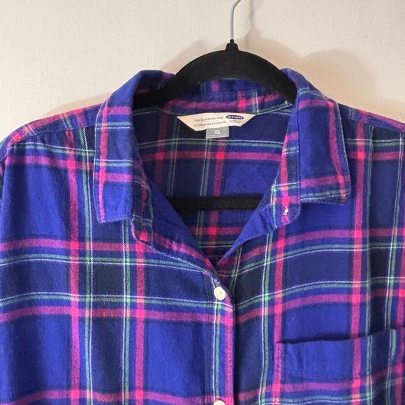 Old Navy The Boyfriend Shirt XL blue & pink plaid soft flannel cotton 1 pocket b - Picture 2 of 9